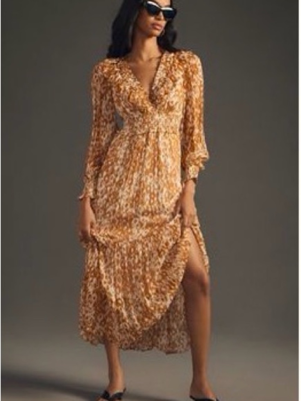 Anthropologie Mustard Floral V‑Neck Maxi Dress
